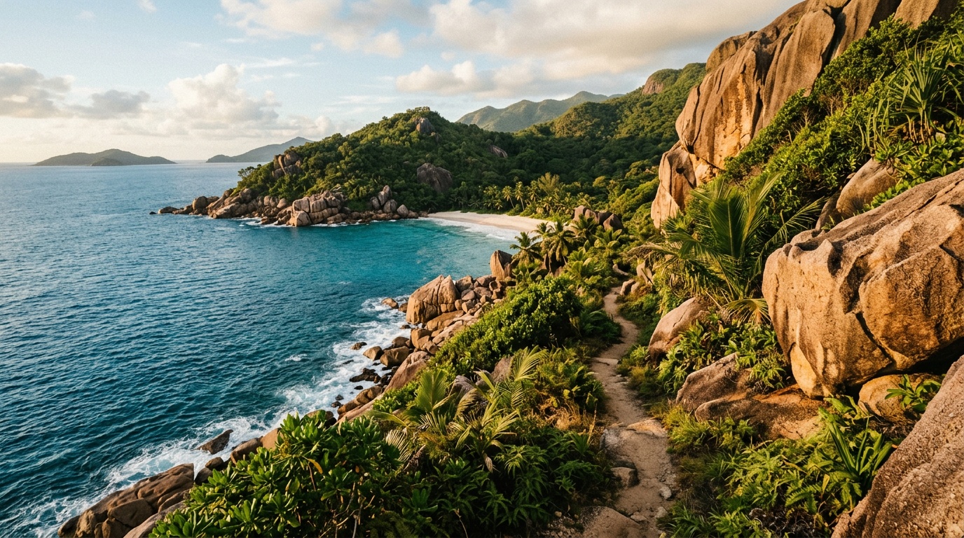 Тропа к пляжу Анс-Мажор вдоль гранитных скал с видом на океан