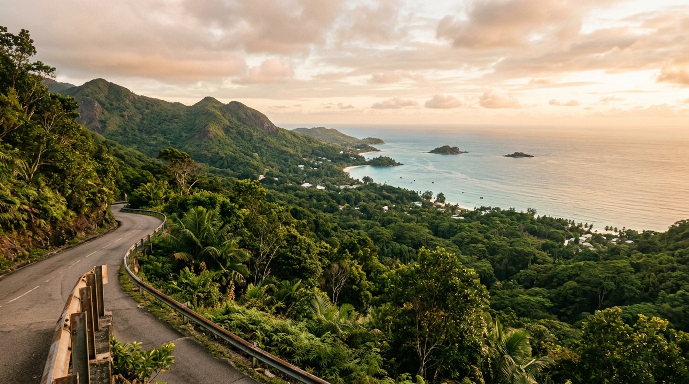Панорамный вид с горной дороги Sans Souci на Маэ: тропический лес и океан внизу