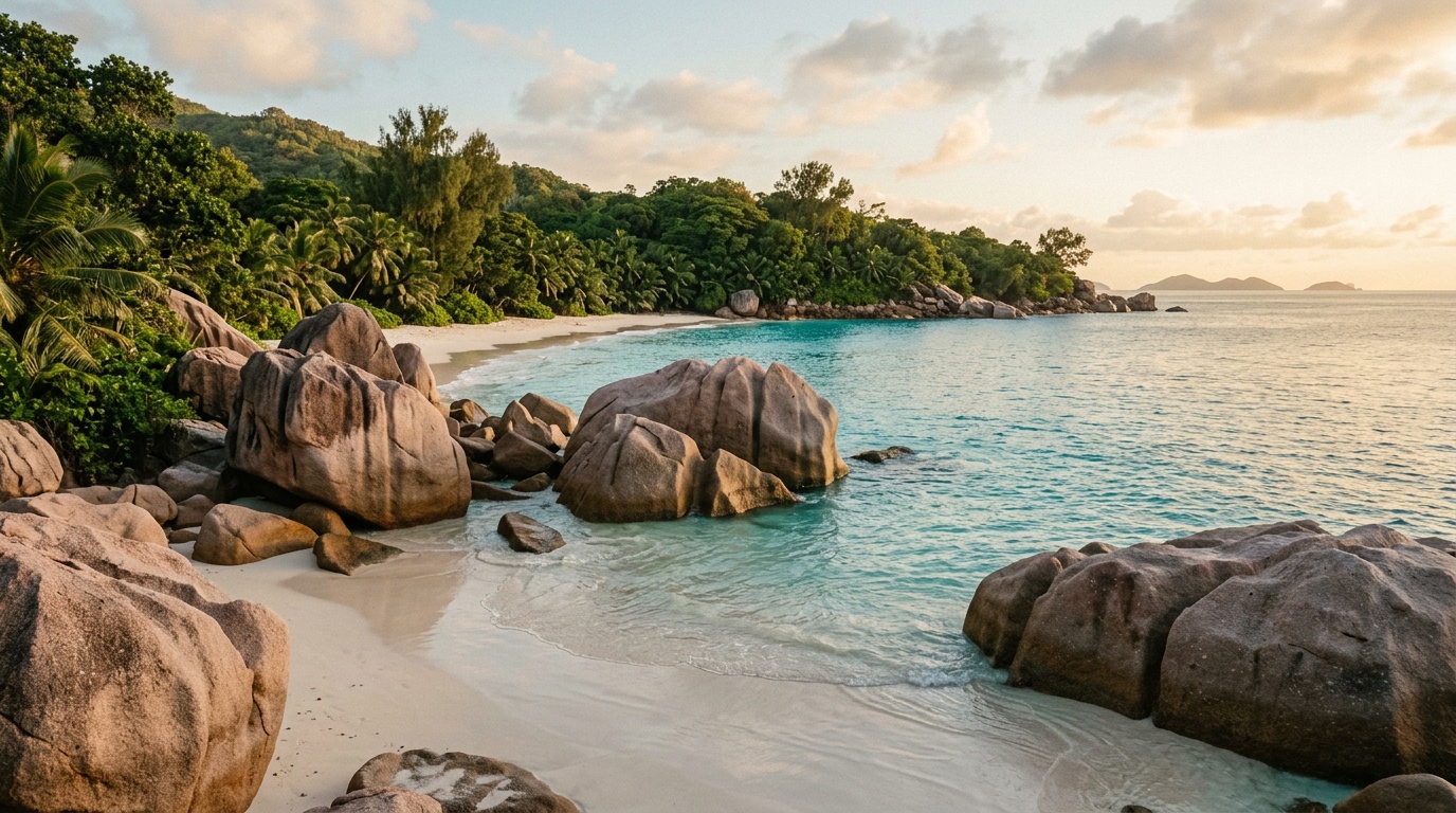 Пляж Анс-Лацио на Праслене с гранитными валунами и прозрачной бирюзовой водой