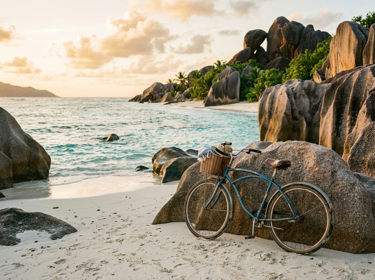 Велосипед у гранитных валунов на пляже Анс-Сурс-д'Аржан, Ла Диг