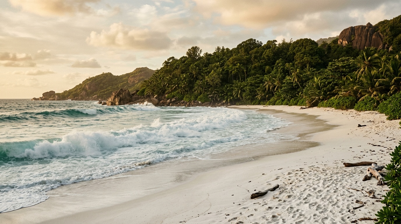 Дикий пляж Анс-Интенданс на юге Маэ: белый песок, мощный океанский прибой и тропический лес до кромки воды
