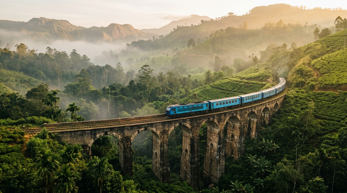 Легендарный поезд Шри-Ланки проходит по Мосту Девяти Арок среди чайных плантаций: голубой вагон на фоне джунглей, утренний свет пробивается сквозь туман