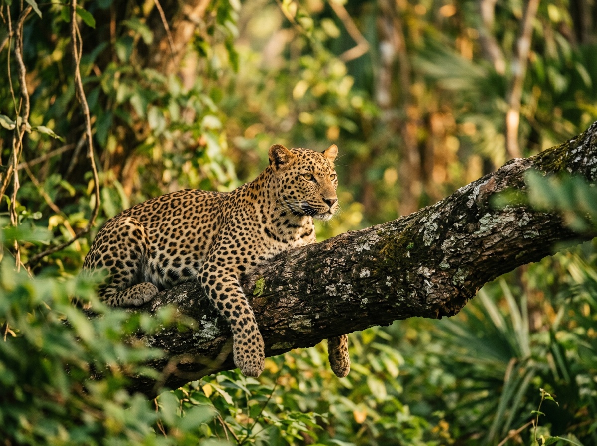 Леопард на ветке дерева в национальном парке Яла, утренний свет, джунгли на заднем плане, мягкий фокус на зелени вокруг