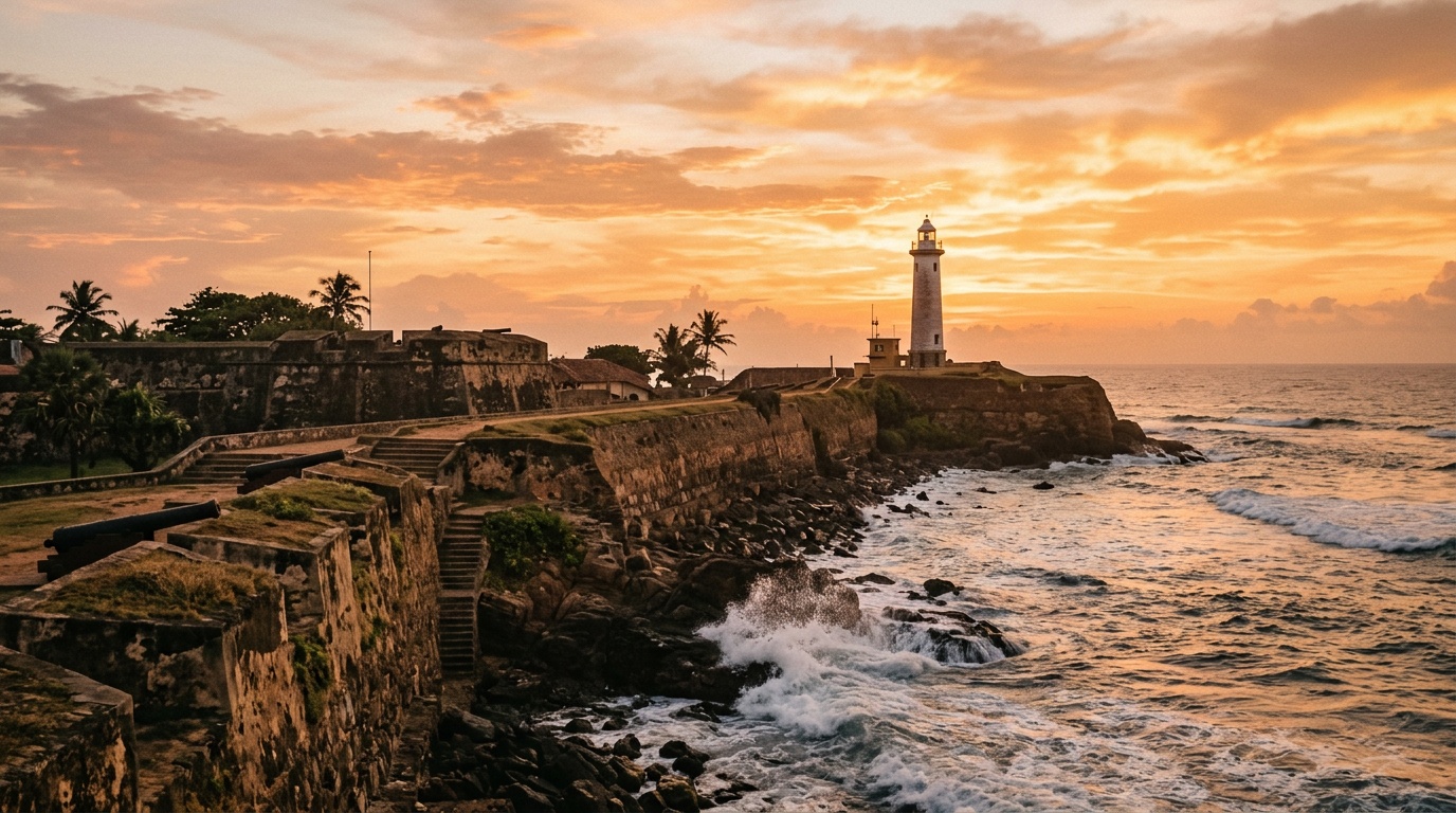 Голландский форт Галле на закате: маяк на фоне оранжевого неба, древние стены, океанские волны разбиваются о камни