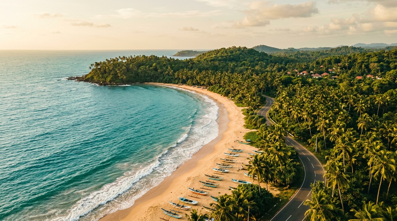Панорама южного побережья Шри-Ланки с высоты: бирюзовый океан, пальмовые рощи, рыбацкие лодки на песке, извилистая прибрежная дорога
