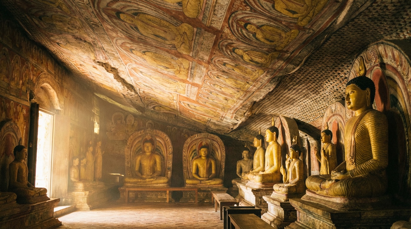 Пещерный храм Дамбуллы: древние фрески на каменном потолке, золотые статуи Будды в полумраке, мягкий свет из входа пещеры