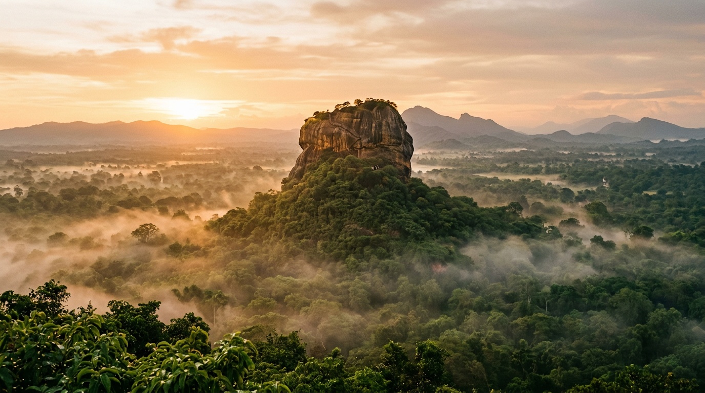 Скала Сигирия на рассвете: массивная каменная глыба возвышается над джунглями, утренний туман стелется по кронам деревьев, тёплый золотой свет