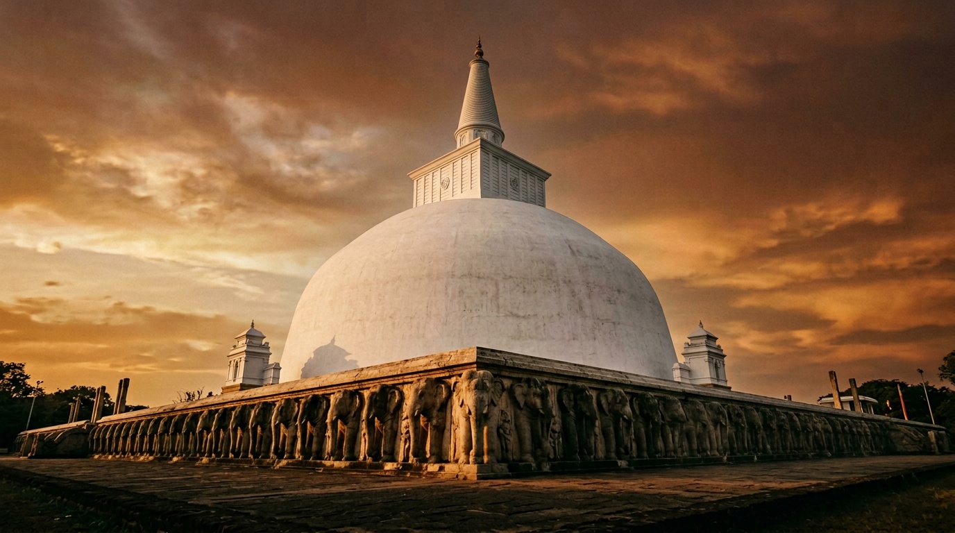Древняя ступа Ruwanwelisaya в Анурадхапуре на закате: огромный белый купол на фоне оранжевого неба, ряд каменных слонов у основания, паломники в белых одеждах