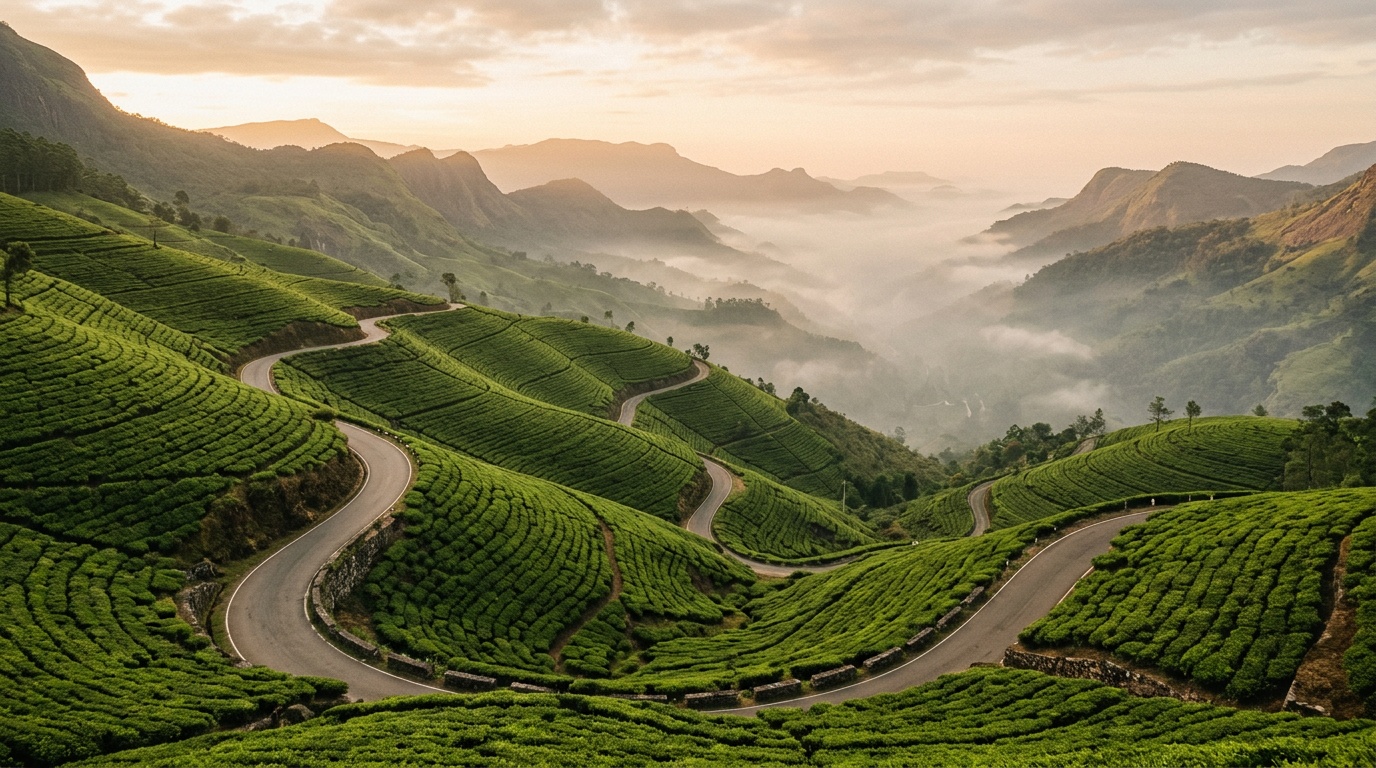 Панорама горной дороги Шри-Ланки через чайные плантации: изумрудные террасы уходят к горизонту, узкая дорога петляет среди кустов чая, утренний туман в долине